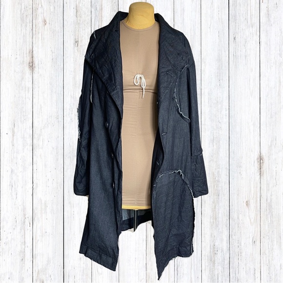 Moyuru Indigo Denim Collard Trench Coat 100% Cotton Japanese 213487 M One Size - Picture 3 of 16